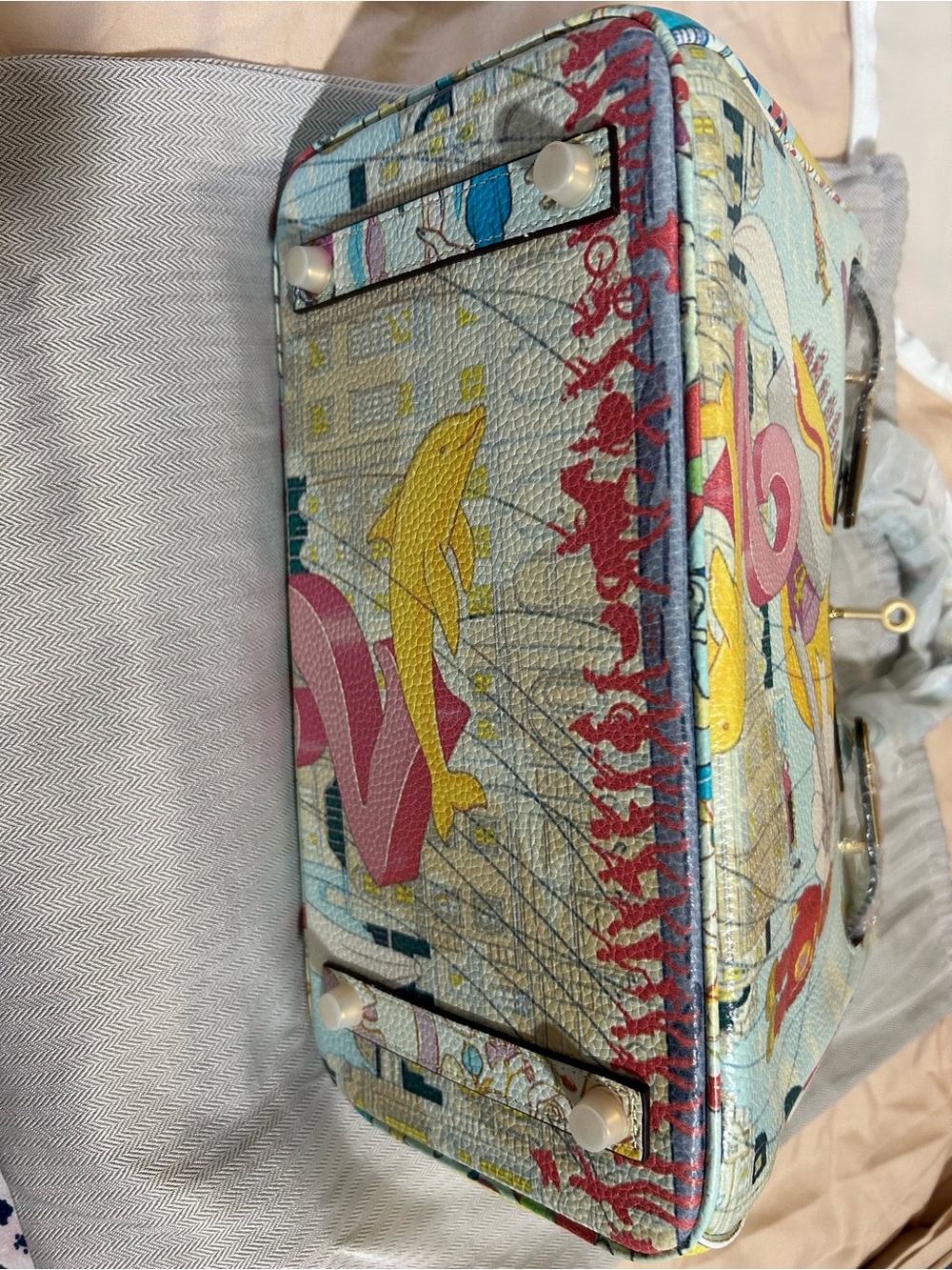 Pastel Illustrated Top-Handle Satchel in Blue, Pink, Yellow - Picture 2 of 9